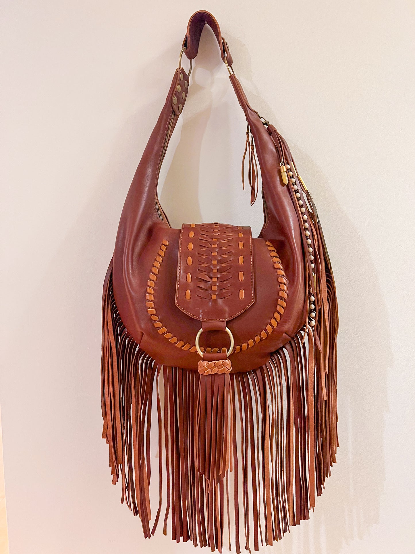Fringed Daisy Hobo Bag - Whiskey Leather with Cafe Trim