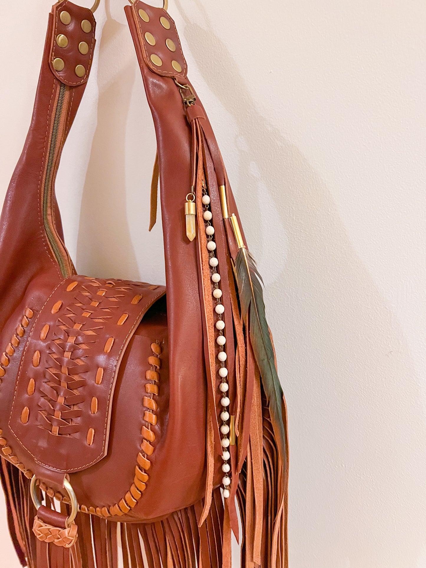 Fringed Daisy Hobo Bag - Whiskey Leather with Cafe Trim
